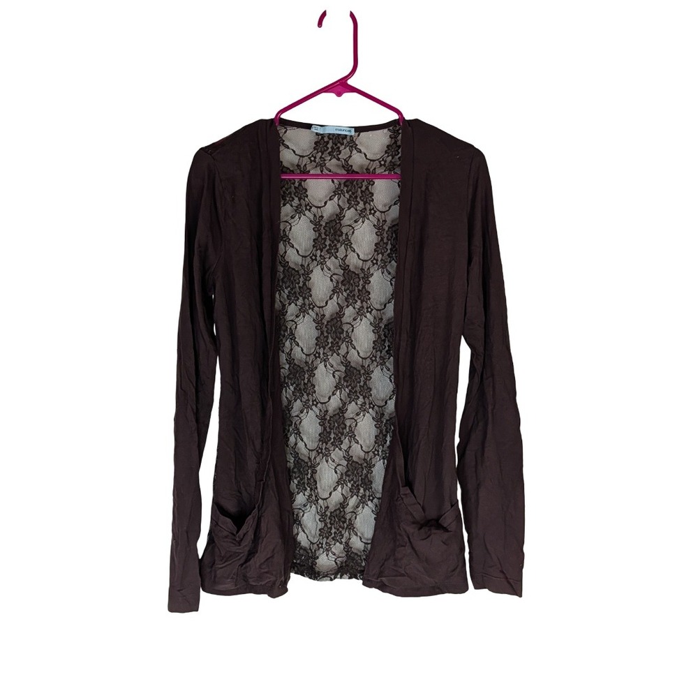 Maurices Cardigan Womens Medium Brown Lace Back Open Front Long Sleeve Pockets